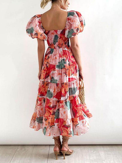 Floral Printed Smocked Tiered Fit-and-Flare Midi Dress