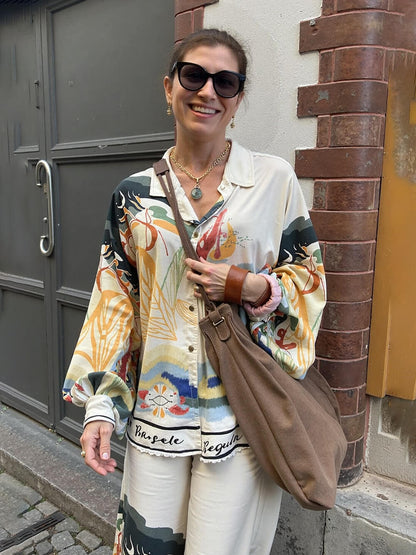 Satin Landscape Print Oversized Shirt