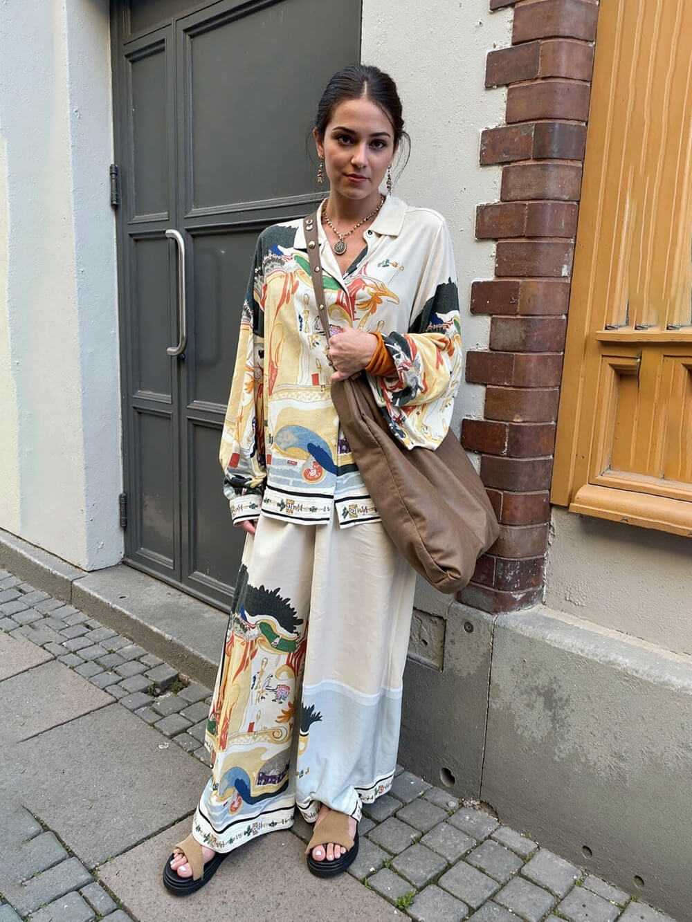 Satin Landscape Print Oversized Shirt