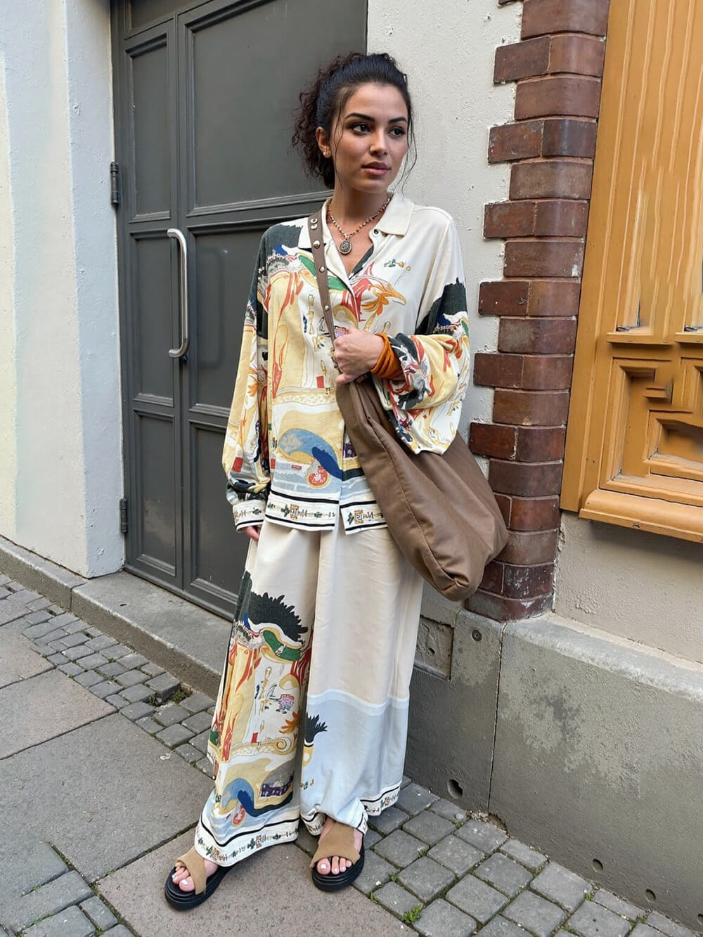 Satin Landscape Print Oversized Shirt