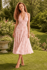 Holiday Pink Flower Print Halter Floral Dress