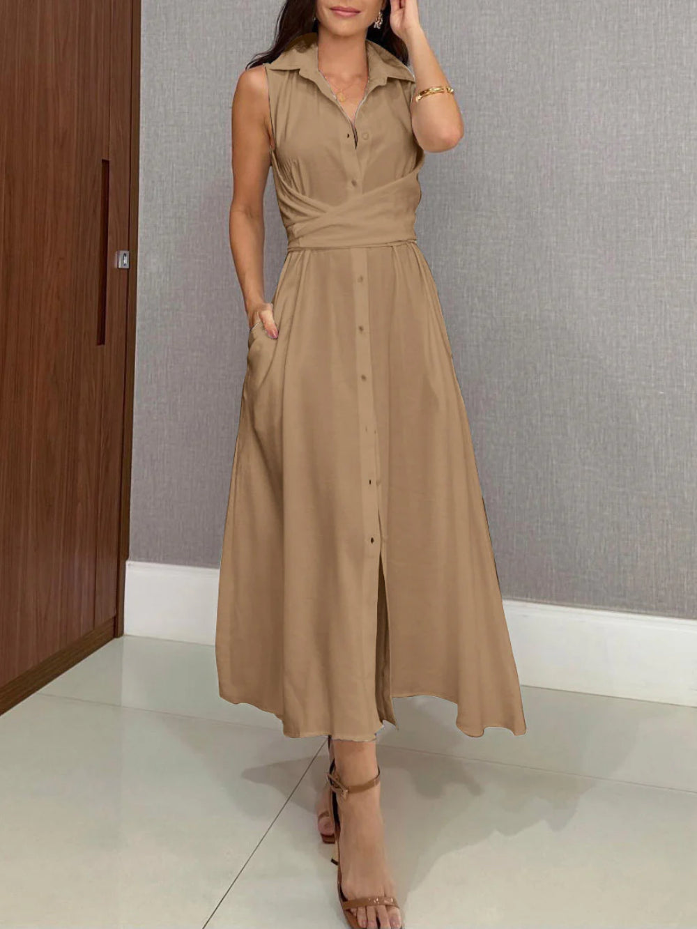 Shirt Style Single-breasted Tie Midi Dress