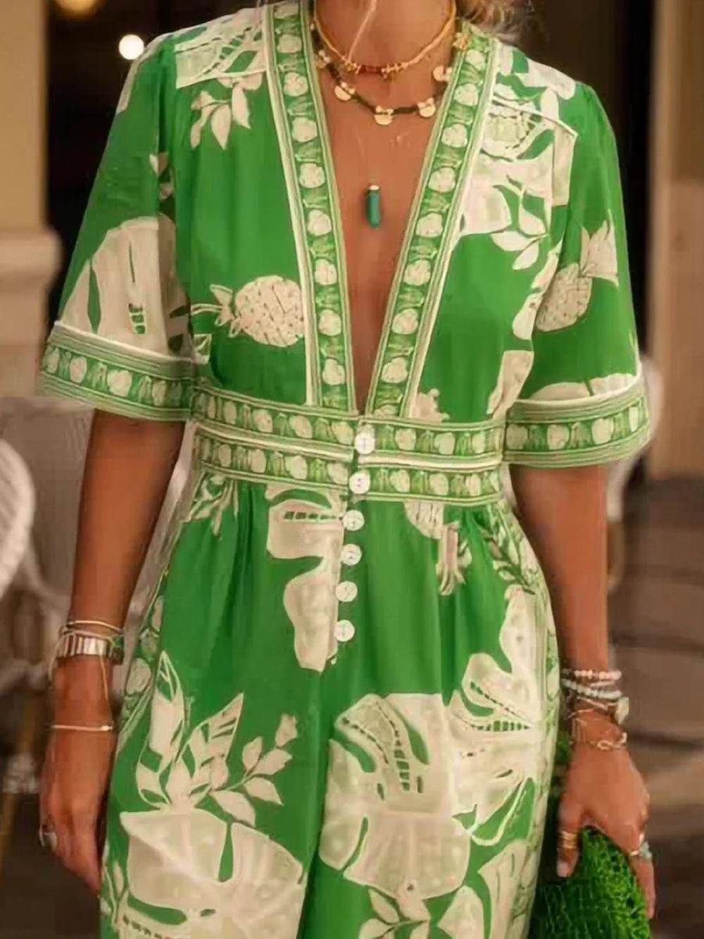 Floral Print V-Neck Short Sleeve Jumpsuit