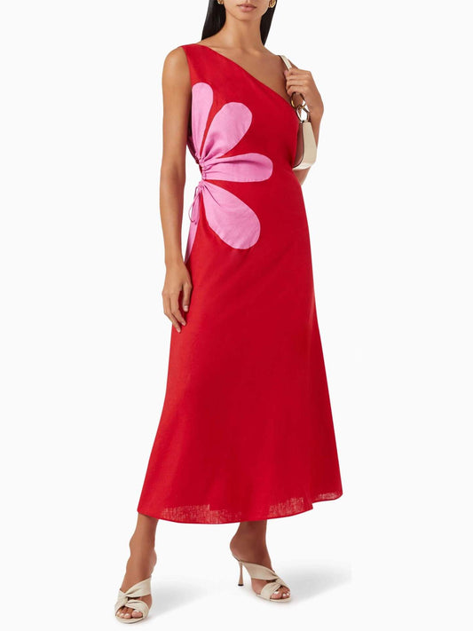 Floral Detail One-Shoulder Fitted A-Line Dress