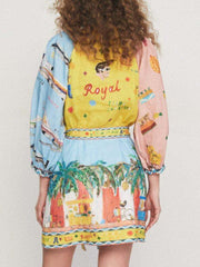 Unique Satin Floral Print Tie Waist Shirt Dress