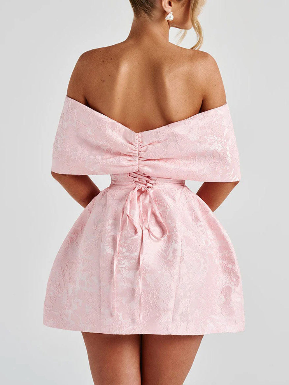 Bow Detail Off-Shoulder Jacquard Mini Dress