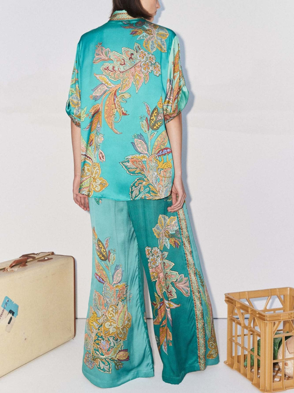 Satin Floral Wide-Leg Pants