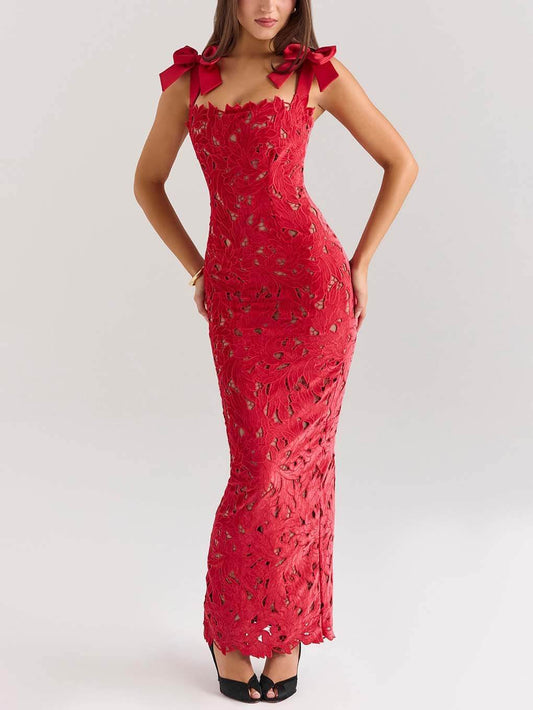 Lace Bow Bodycon Maxi Dress