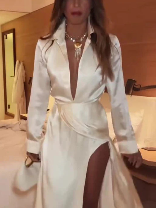Tie-Front Long Sleeve Printed Dress
