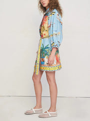 Unique Satin Floral Print Tie Waist Shirt Dress