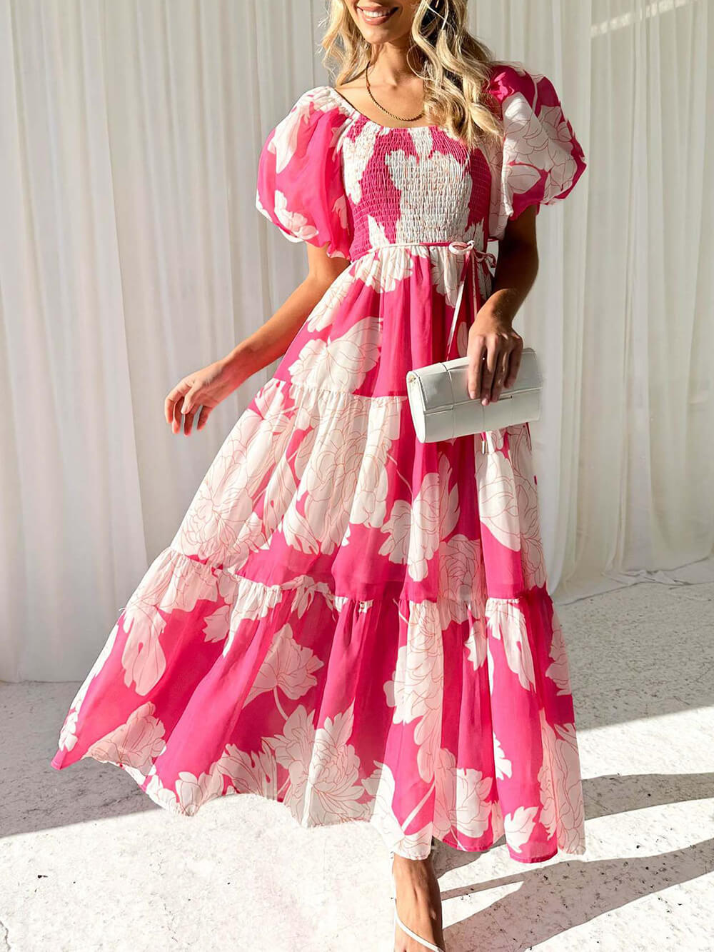 Elegant Floral Off-Shoulder Puff Sleeve Dress