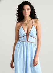 Deep V Neck Striped Backless Maxi Dress