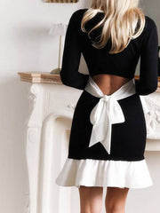 Square Neck Bow Tie Waist Ruffle Sleeve Dress