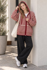 Contrasting Colors Striped Hooded Zipper Cardigan