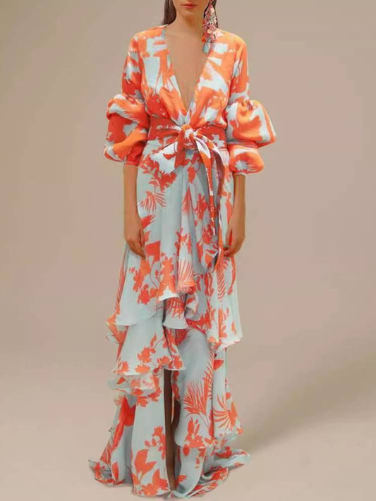 Deep V Neck Asymmetric Bohemian Maxi Dress