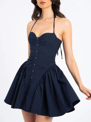 Fashionable Pinstripe Halter Neck Low-Waist Dress