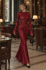 Red Leopard Print Crew Neck Backless Mermaid Maxi Dress