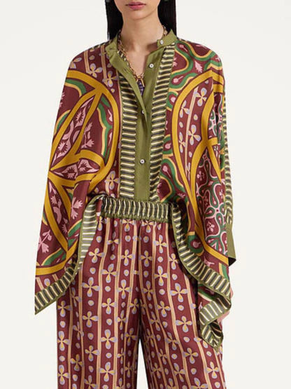 Retro Print Batwing Sleeve Shirt