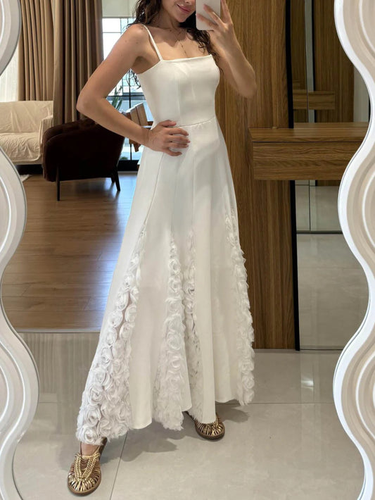 Elegant Rose Floral Applique Spaghetti Strap Dress