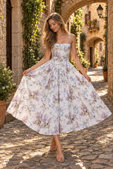 Rayon Printed Strap Pleated Chic Maxi Dress