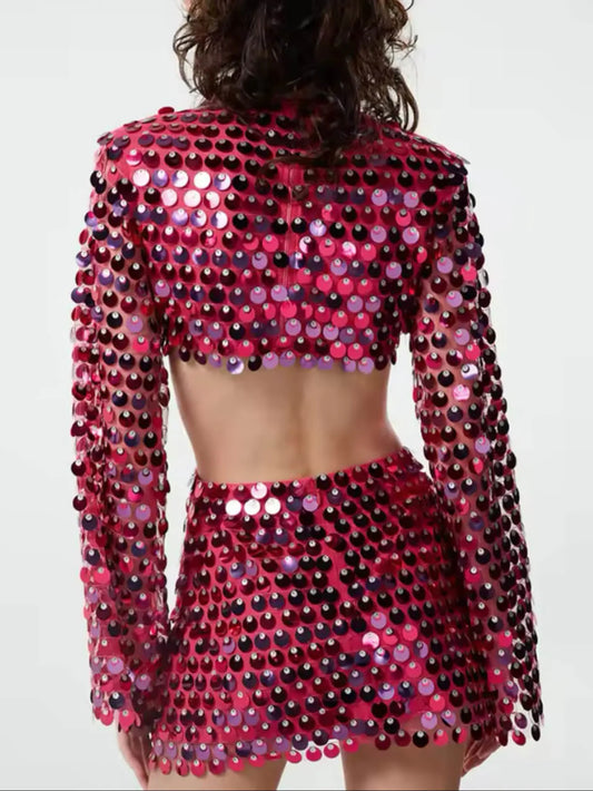 Elegant Sequin Detail Cutout Long Sleeve Dress