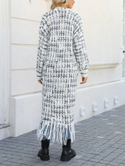 Plaid Fringe Cardigan Sweater