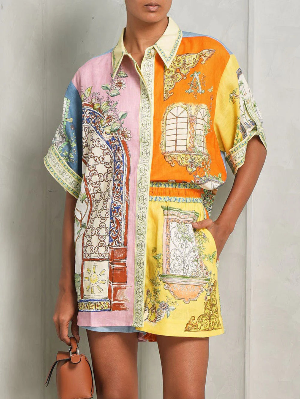 Button Detail Print Shorts Set