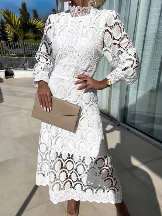 Lace Stand Collar Puff Sleeve Dress