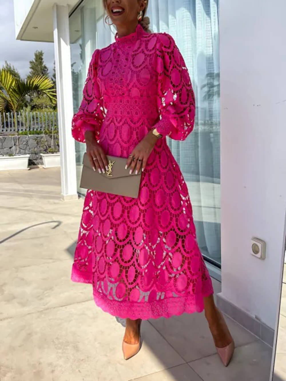 Lace Stand Collar Puff Sleeve Dress