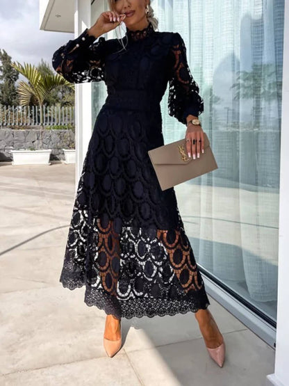 Lace Stand Collar Puff Sleeve Dress