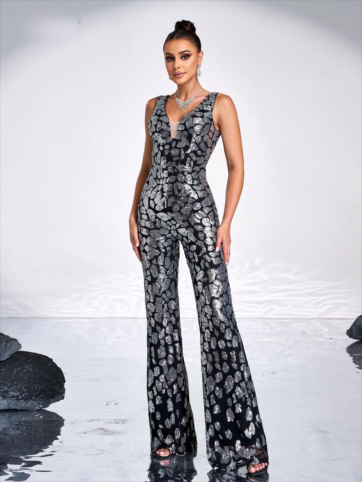 V-Neck Sequin Backless Jumpsuit
