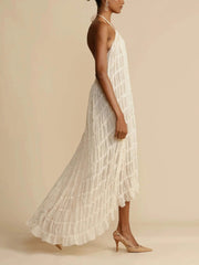 Charming Pleated Drawstring Waist Tiered Halterneck Dress