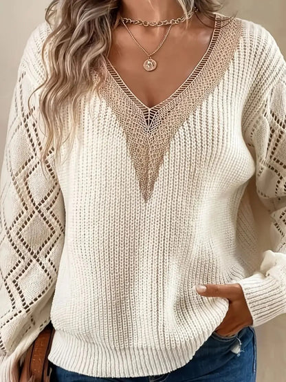 Solid V-Neck Hollow Out Knitted Sweater
