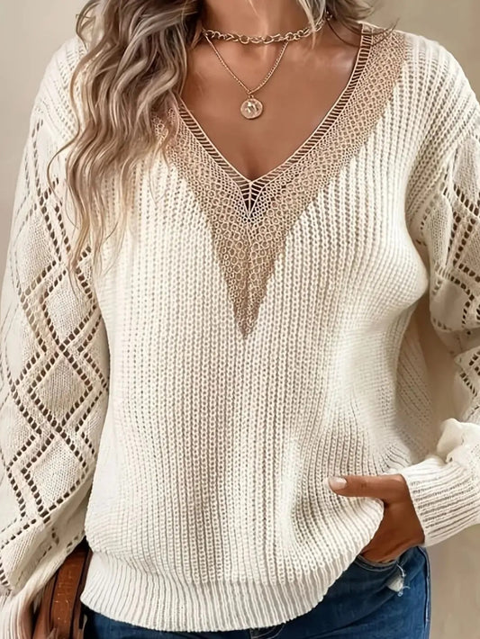 Solid V-Neck Hollow Out Knitted Sweater