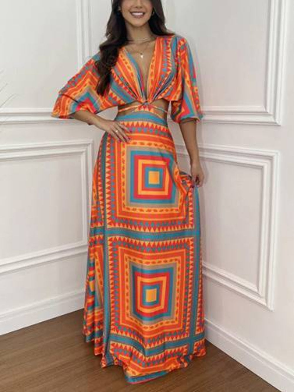 Half Sleeve Batwing Waist-Tied Maxi Dress