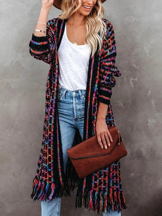 Plaid Fringe Cardigan Sweater