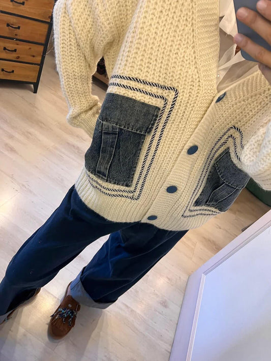 Denim Patchwork Knit Cardigan