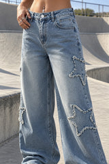 Frayed Star Applique Wide Leg Jeans