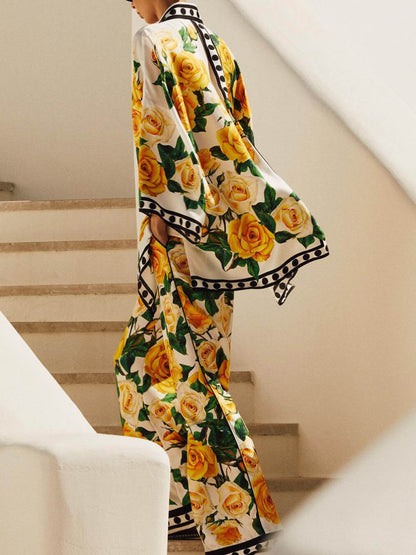 Rose Print Wide-Leg Pants