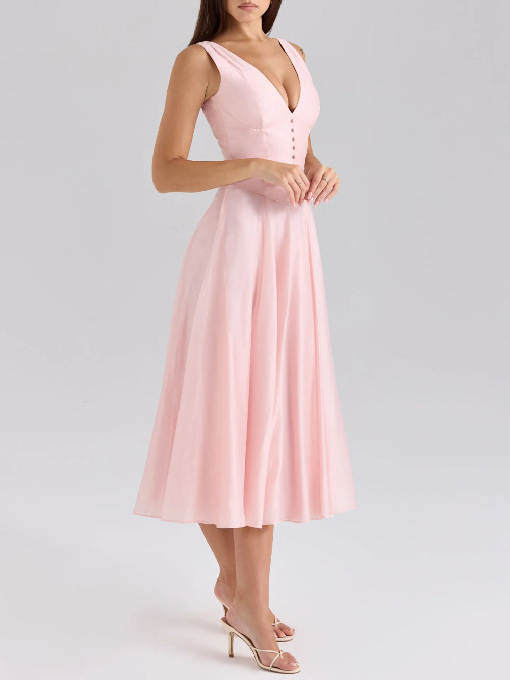Buttoned Sexy V-Neck Waist-Tied Cami Dress