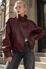 High Collar Epaulet Faux Leather Jacket