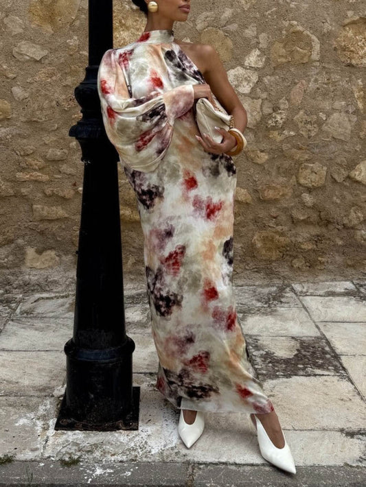 Unique Watercolor Print Single Puff Sleeve Dress