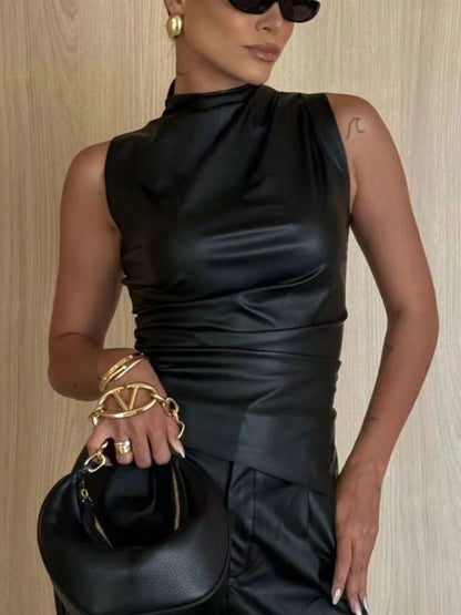 Sleeveless Pleated Leather Look Top