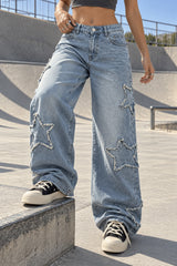 Frayed Star Applique Wide Leg Jeans