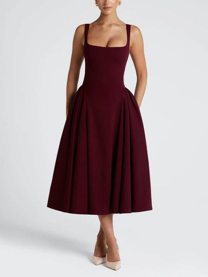 Retro Square Neck Slim Elegant Midi Dress