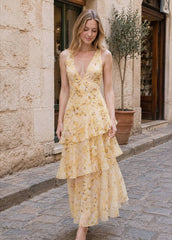 Chiffon Halter Slim Ruffle Maxi Floral Dress