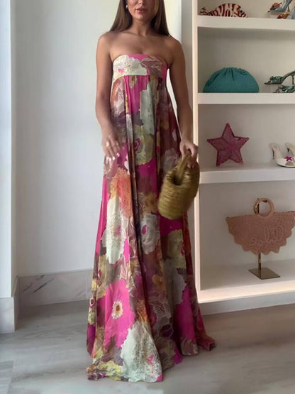 Fashionable French Strapless Floral Dress