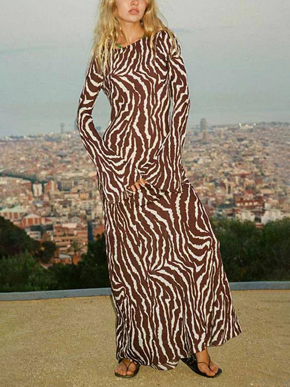 Unique Print Boat Neck Bell Sleeve Bias Cut Maxi Dress