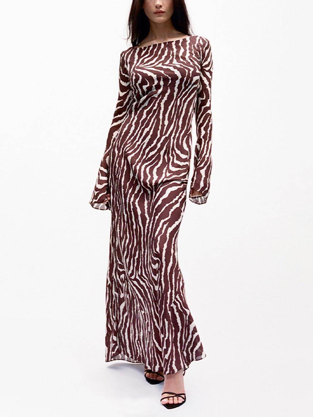 Unique Print Boat Neck Bell Sleeve Bias Cut Maxi Dress