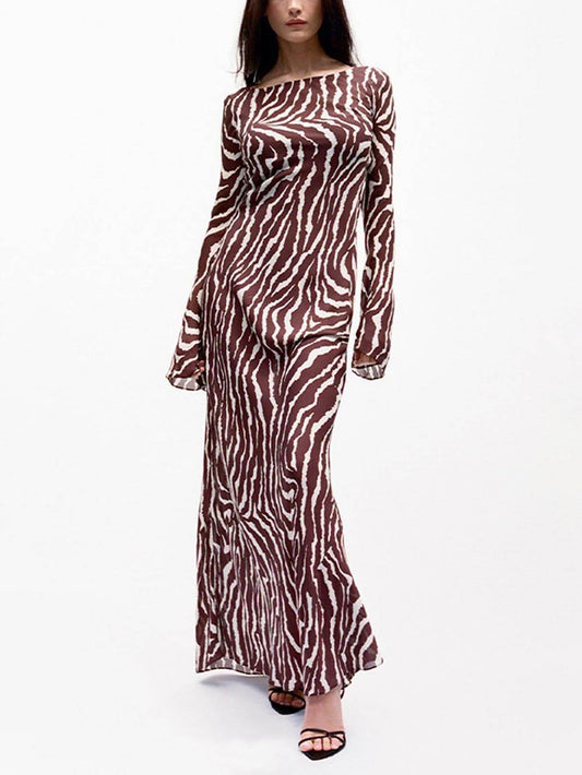 Unique Print Boat Neck Bell Sleeve Bias Cut Maxi Dress